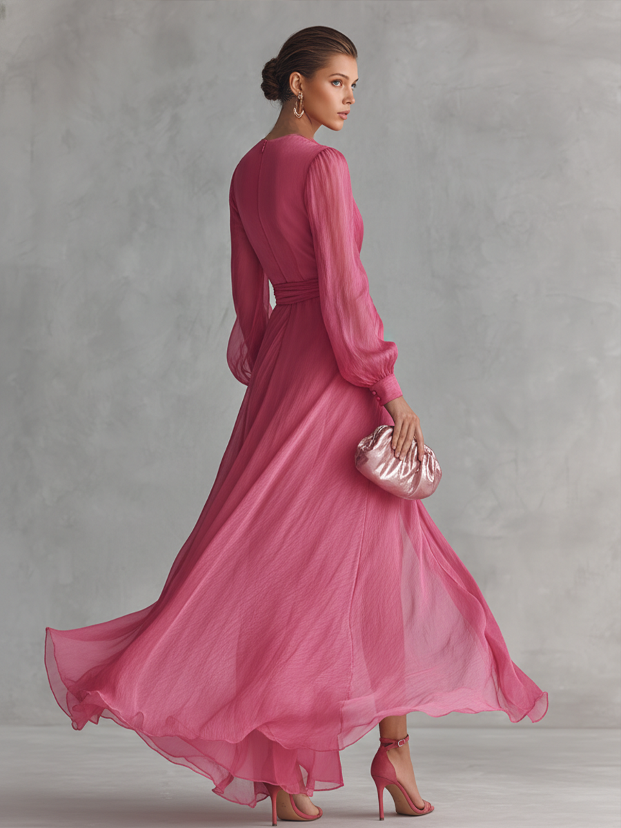 Robe longue élégante en chiffon rose perle pour femme avec décolleté en V et ceinture à la taille