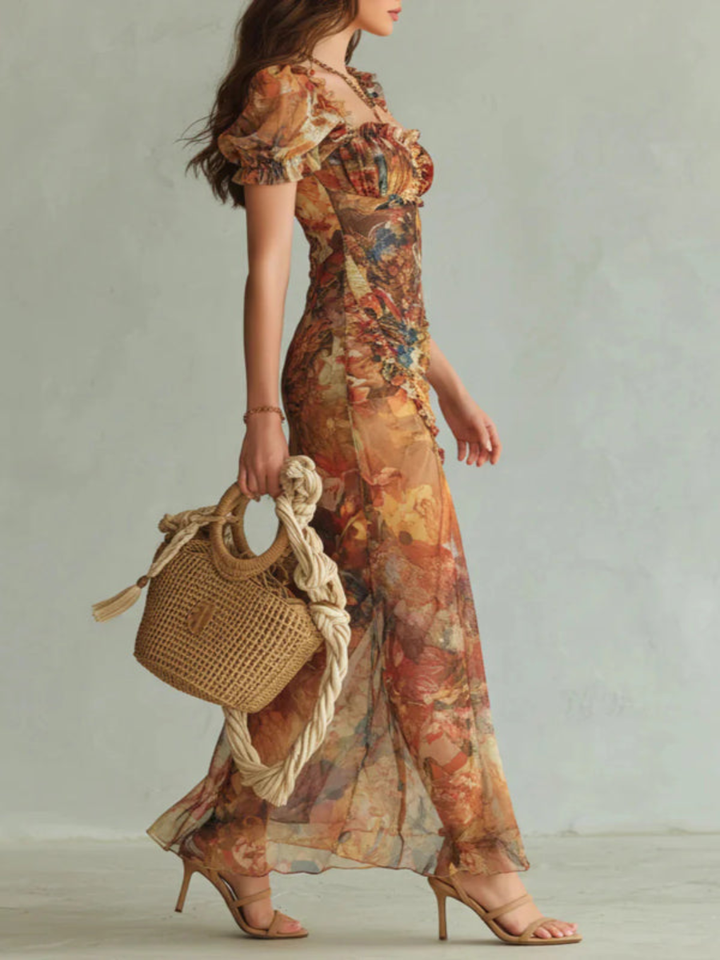 Robe Maxi Élégante avec Décolleté Carré, Manches Courtes et Rayures Florales