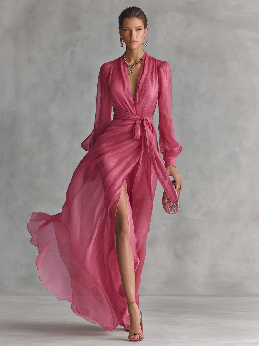 Robe longue élégante en chiffon rose perle pour femme avec décolleté en V et ceinture à la taille