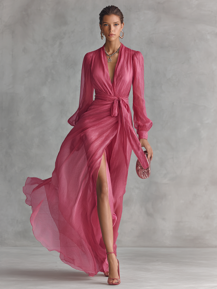 Robe longue élégante en chiffon rose perle pour femme avec décolleté en V et ceinture à la taille