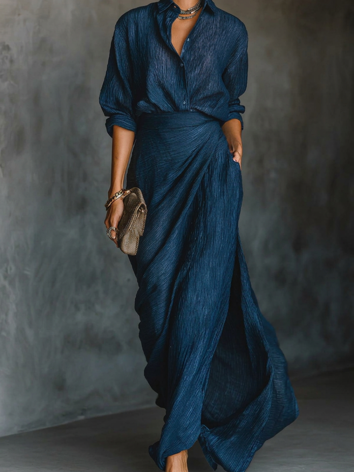 Ensemble de Chemise Longue à Manches Longues avec Col et Jupe Maxi Plissée Élégante en Couleur Unie