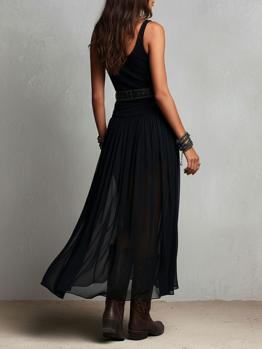 Robe Maxi Stretchy Noire Boho Western avec Jupe Transparente