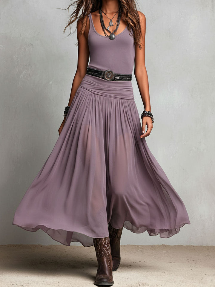 Robe Maxi Stretchy Noire Boho Western avec Jupe Transparente