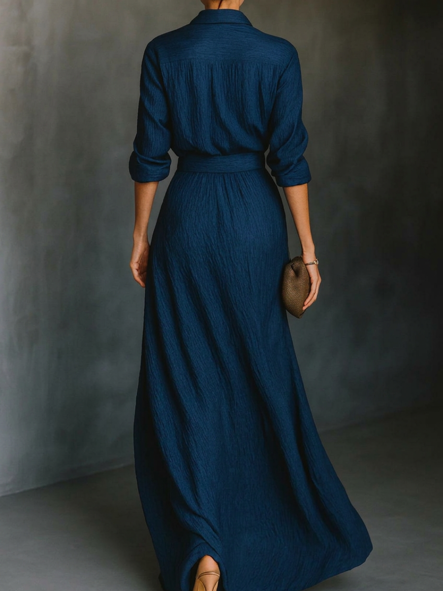 Ensemble de Chemise Longue à Manches Longues avec Col et Jupe Maxi Plissée Élégante en Couleur Unie