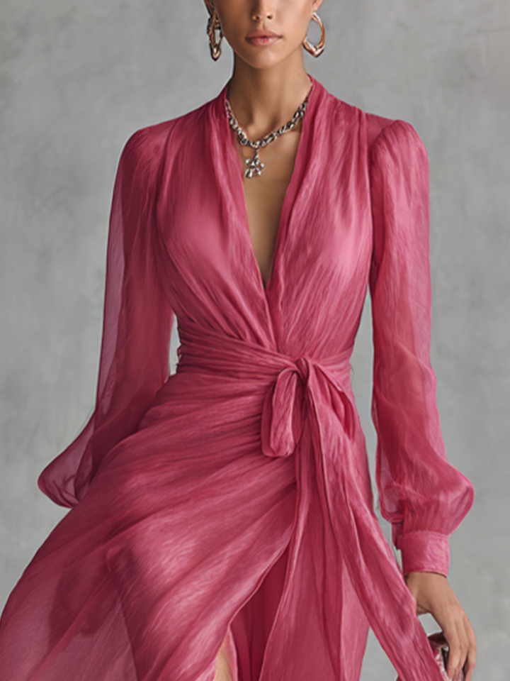 Robe longue élégante en chiffon rose perle pour femme avec décolleté en V et ceinture à la taille