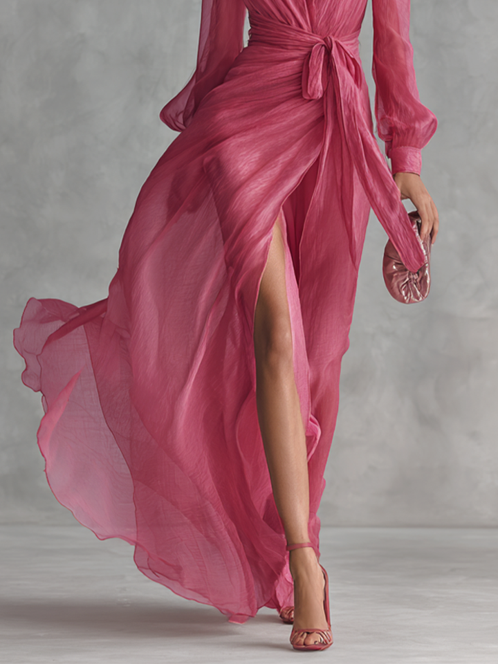 Robe longue élégante en chiffon rose perle pour femme avec décolleté en V et ceinture à la taille