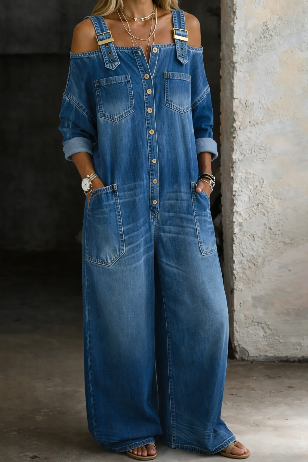 Sophia | Salopette en Denim avec Épaules Dégagées