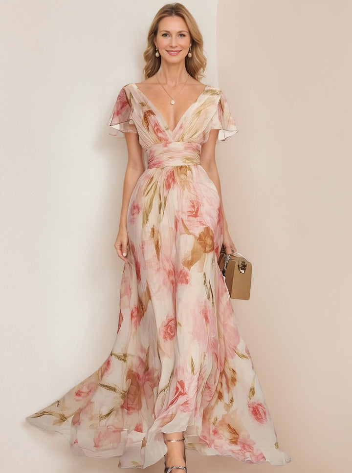Robe à Col V et Manches Courtes Imprimée Florale avec Volants