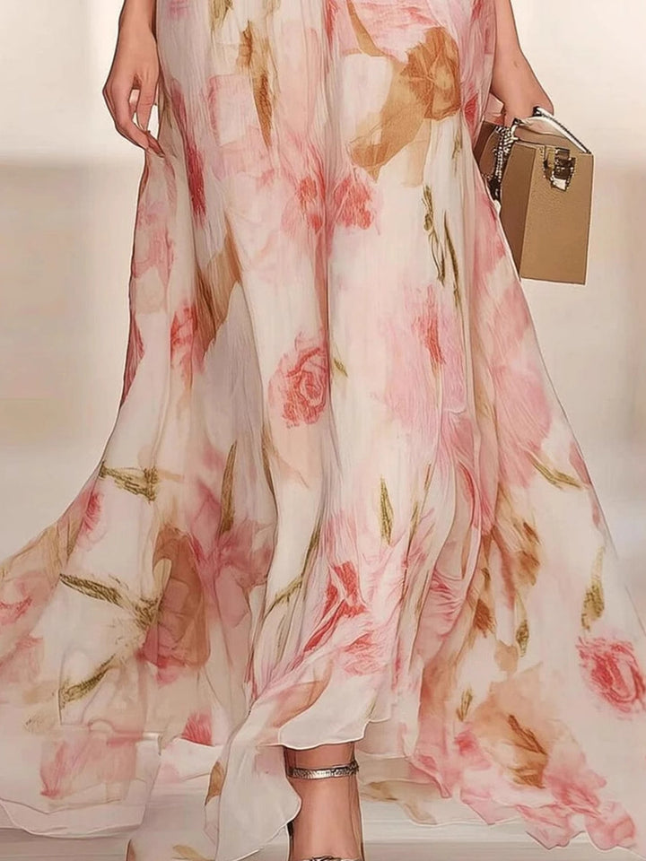 Robe à Col V et Manches Courtes Imprimée Florale avec Volants