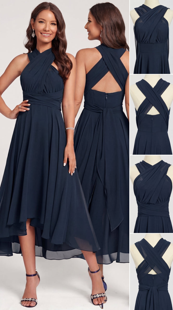 Le Murano | Robe bleu marine multiposition avec jupe asymétrique