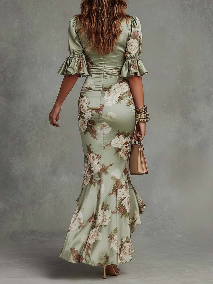 Anastasia | Robe Longue en Satin avec Imprimé Floral