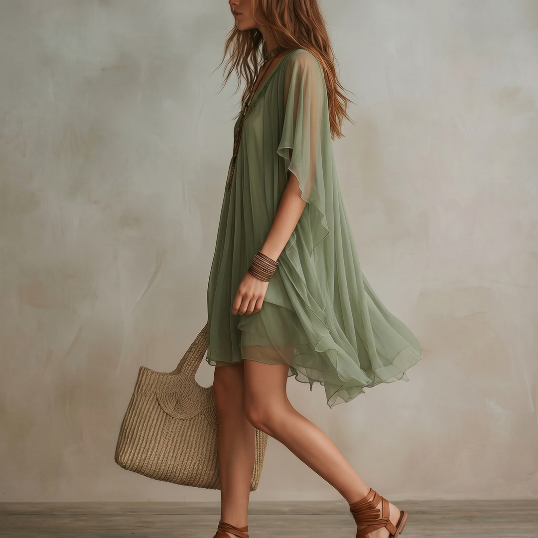 Robe mini fluide verte avec décolleté en V