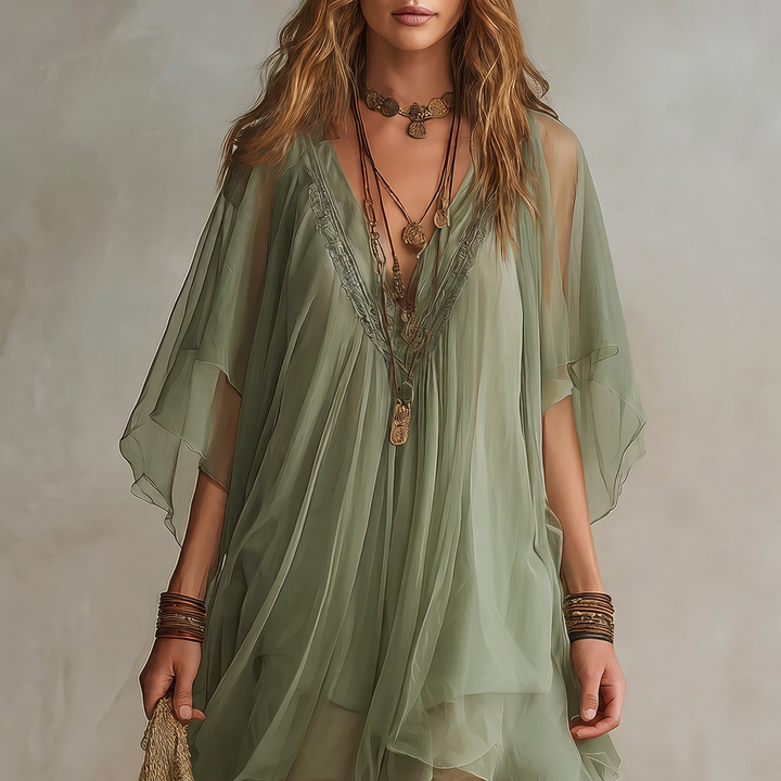 Robe mini fluide verte avec décolleté en V