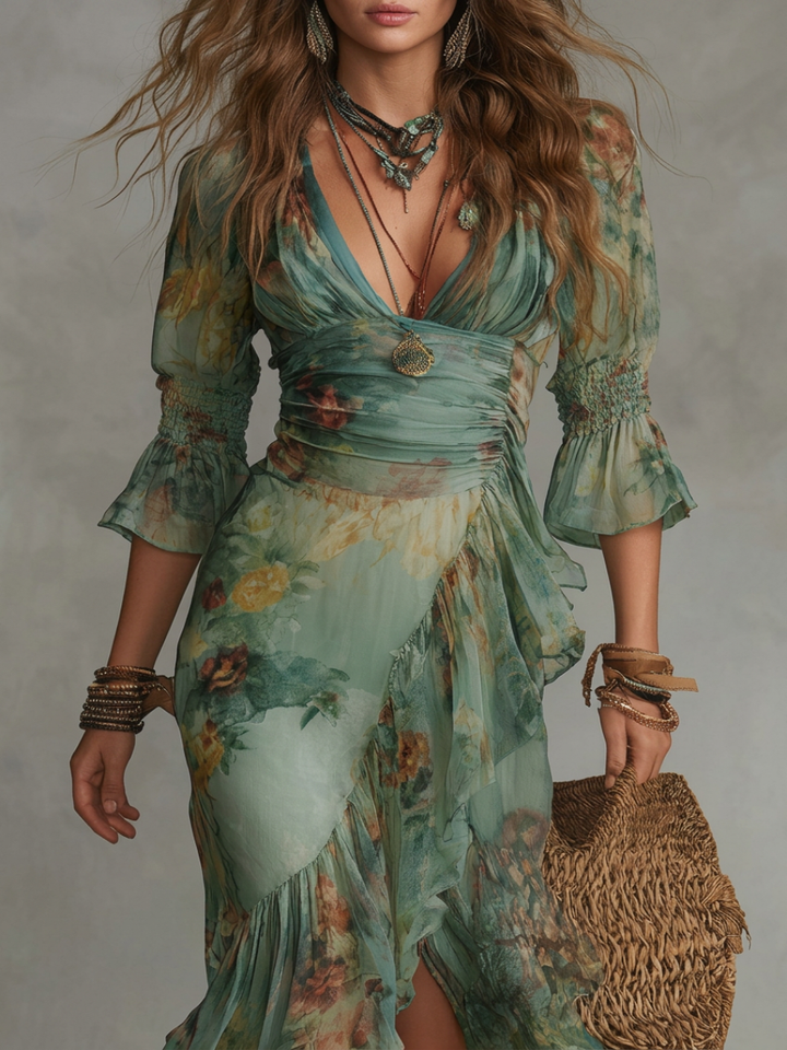 Robe Maxi en Chiffon Vert Herbe avec Volants Irréguliers et Fente