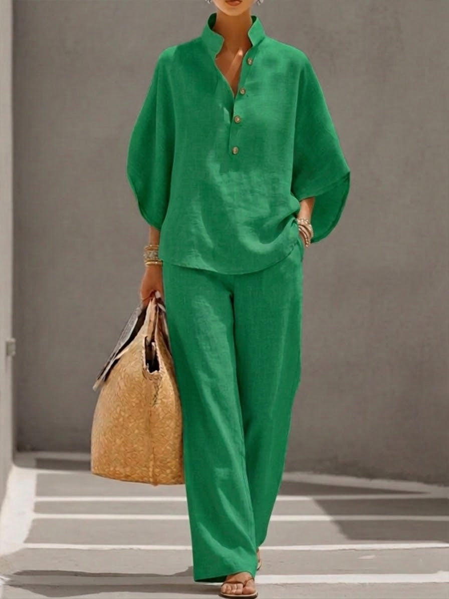 Lorena | Ensemble en Coton et Lin avec Manches Chauve-Souris et Pantalon Large
