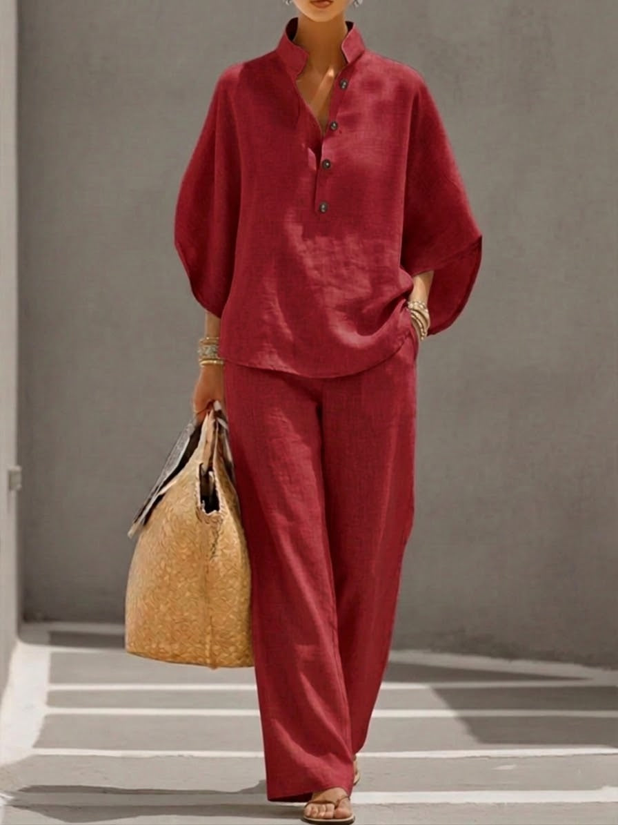 Lorena | Ensemble en Coton et Lin avec Manches Chauve-Souris et Pantalon Large