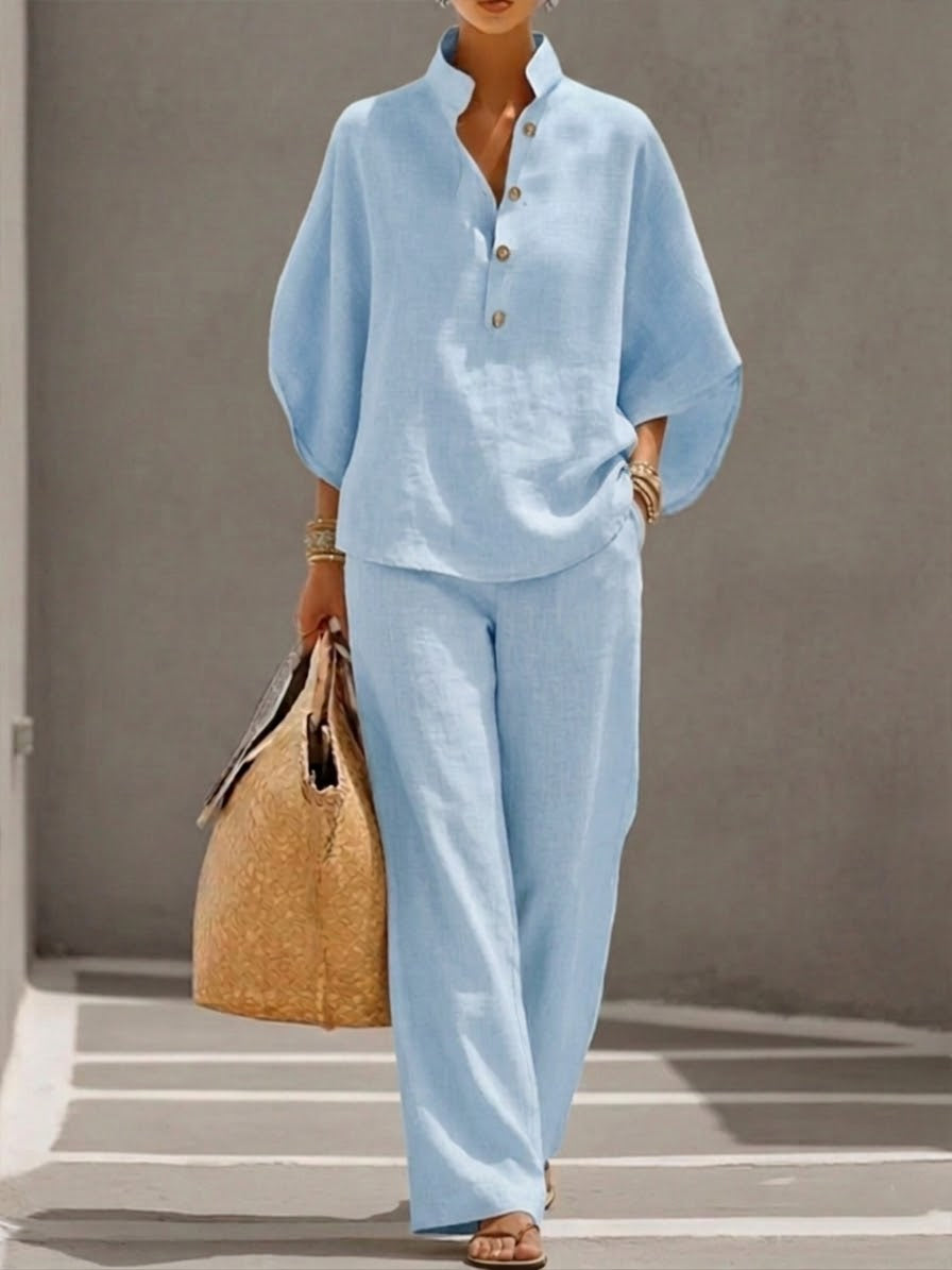 Lorena | Ensemble en Coton et Lin avec Manches Chauve-Souris et Pantalon Large