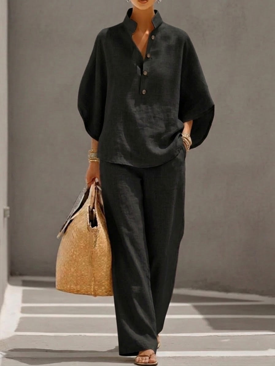 Lorena | Ensemble en Coton et Lin avec Manches Chauve-Souris et Pantalon Large
