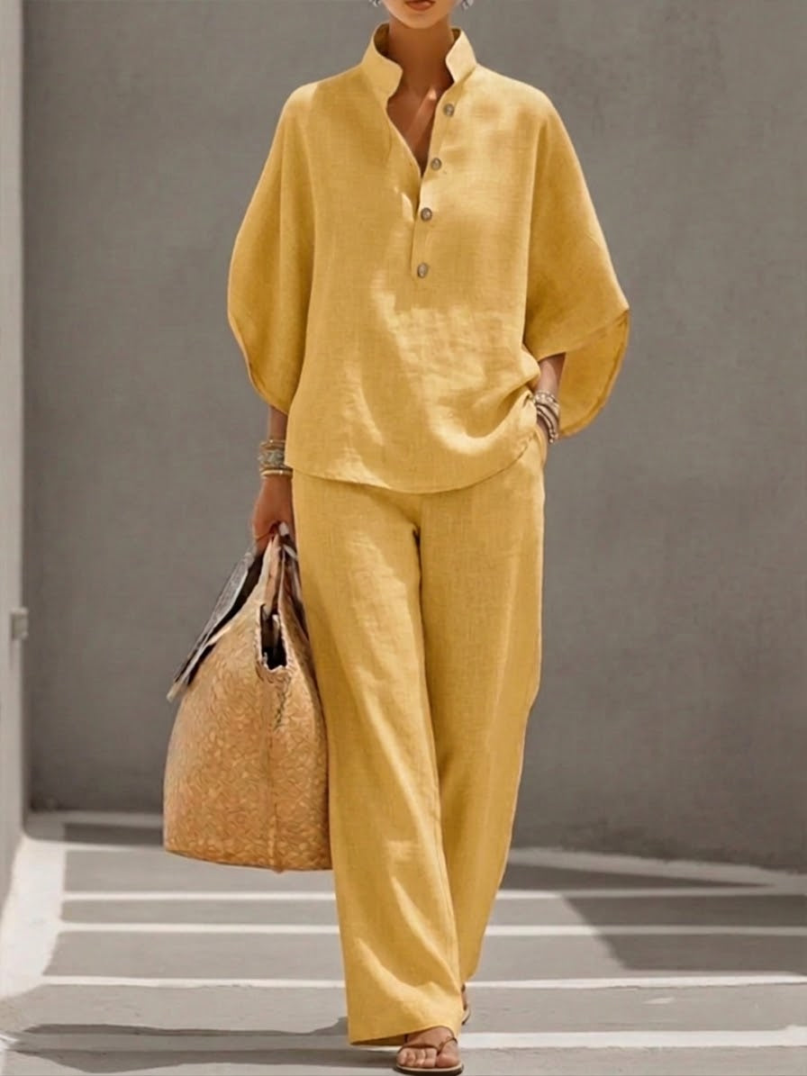 Lorena | Ensemble en Coton et Lin avec Manches Chauve-Souris et Pantalon Large