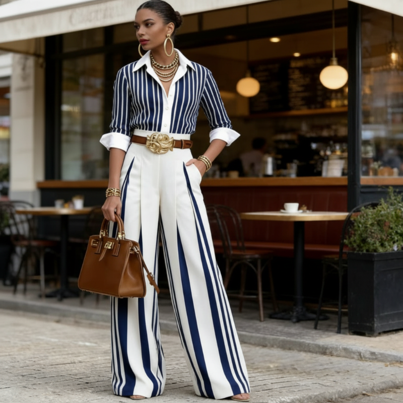 Ensemble Femme Rayé Avec Chemise Et Pantalon Large