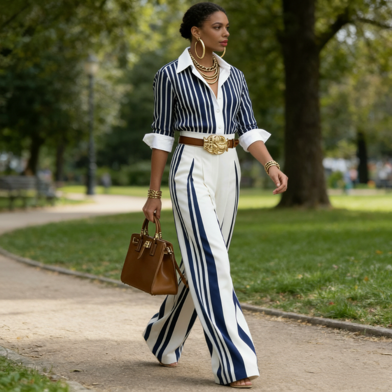 Ensemble Femme Rayé Avec Chemise Et Pantalon Large