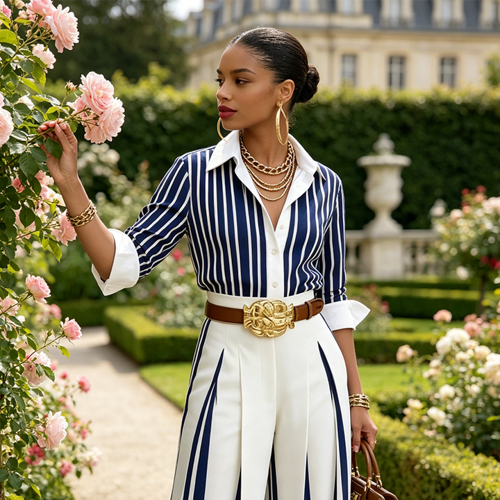 Ensemble Femme Rayé Avec Chemise Et Pantalon Large